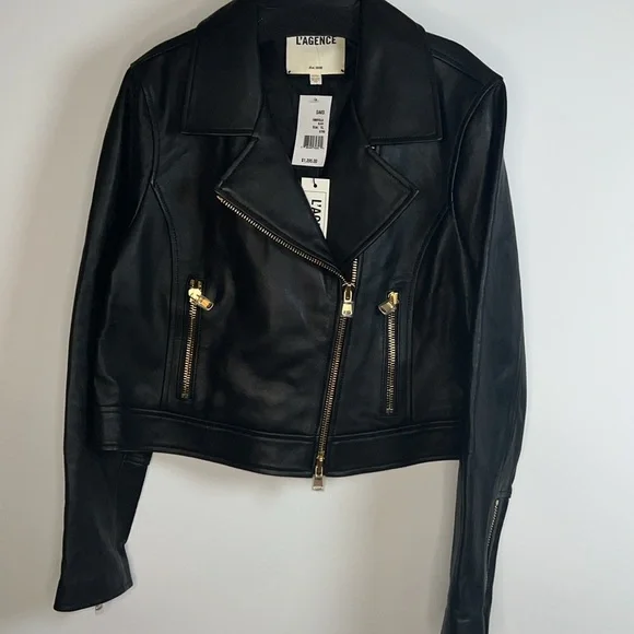 🌟NWT L’AGENCE ONNA BLACK LEATHER CROP BIKER JACKET SIZE XL - Picture 11 of 14